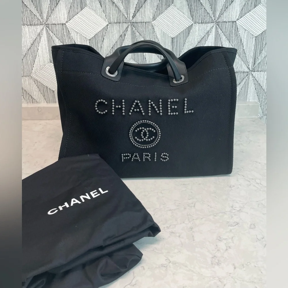 CHANEL Black Canvas Pearl Large Deauville Tote - Picture 9 of 10